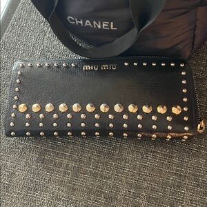 Miu Miu Black Wallet with Gold Studs